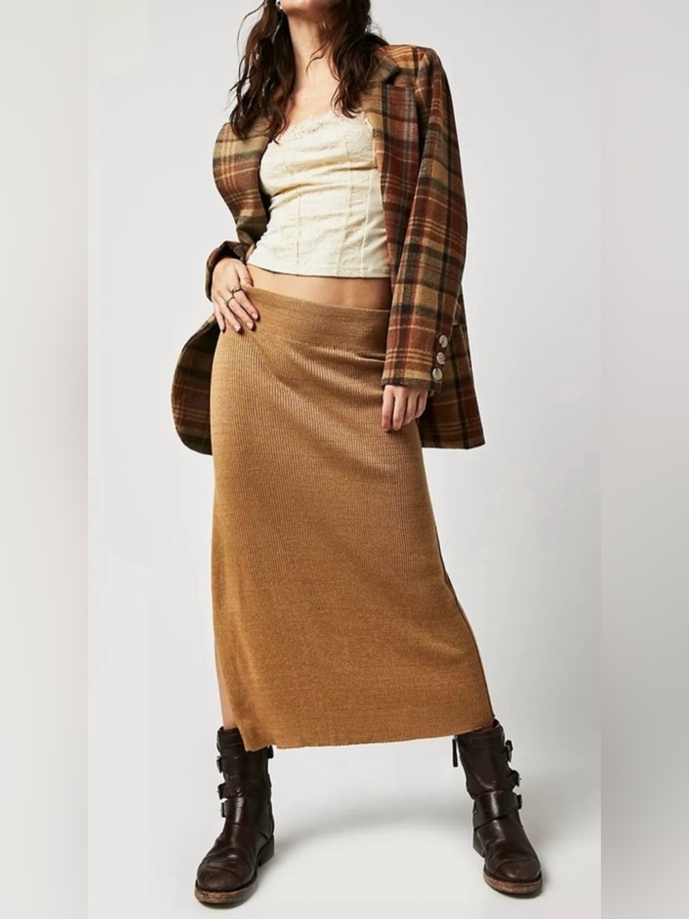 Free People Golden Hour Midi Skirt-Ribbed- Side Slit- Size Large